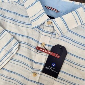 NWT Ben Sherman Mens SS Button Front Linen Rayon White Blue‎ Stripes Small